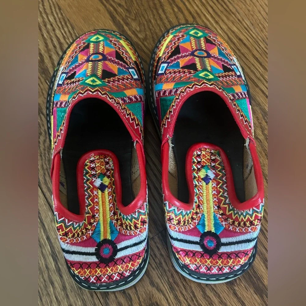 Moroccan Style Red Embroidered Babouche Mules Maximalist Folk Boho 8
